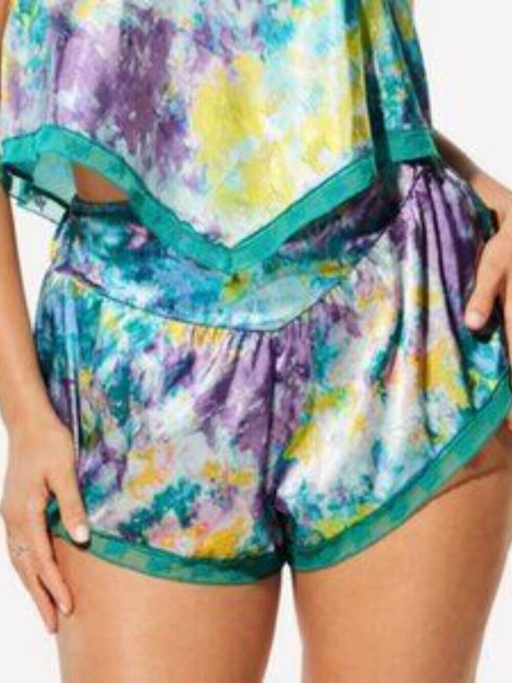 Yitty Satin Pretty Flowy Hanky Hem Cami and Shorts Sleep Set Deep Sea Water 3X